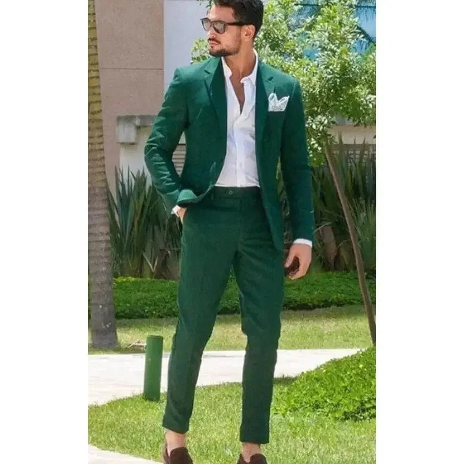 Green men's slim fit 2-piece suit from SHOWLU FASHION, includes jacket and pants, tailored for a stylish, formal look.