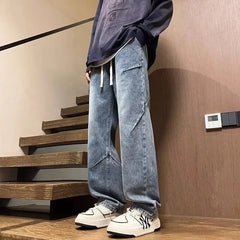 New Hip Hop Fashion Drawstring Jeans Men's Streetwear Vintage Wide Leg Straight Denim Trousers Y2K Baggy Pantalones Hombre - SHOWLU FASHION STORE