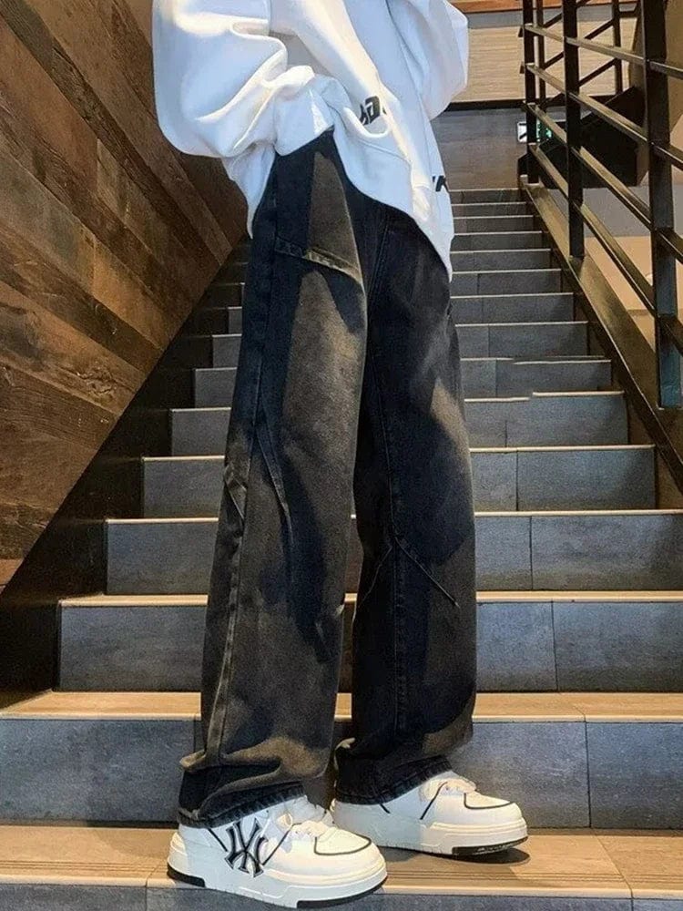 New Hip Hop Fashion Drawstring Jeans Men's Streetwear Vintage Wide Leg Straight Denim Trousers Y2K Baggy Pantalones Hombre - SHOWLU FASHION STORE