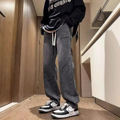 New Hip Hop Fashion Drawstring Jeans Men's Streetwear Vintage Wide Leg Straight Denim Trousers Y2K Baggy Pantalones Hombre - SHOWLU FASHION STORE