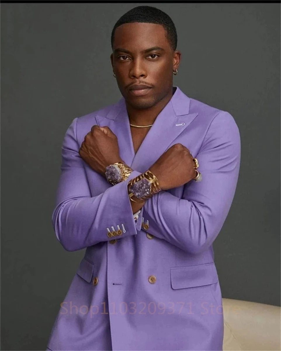 Showlu men's purple double-breasted slim fit wedding suit set with jacket and pants, stylish and tailored for formal occasions.