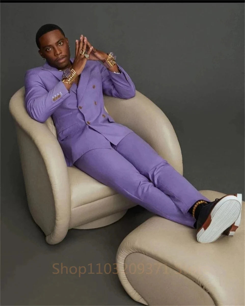 Showlu men's purple double-breasted slim fit wedding suit set with jacket and pants, stylish and elegant for grooms and formal occasions.