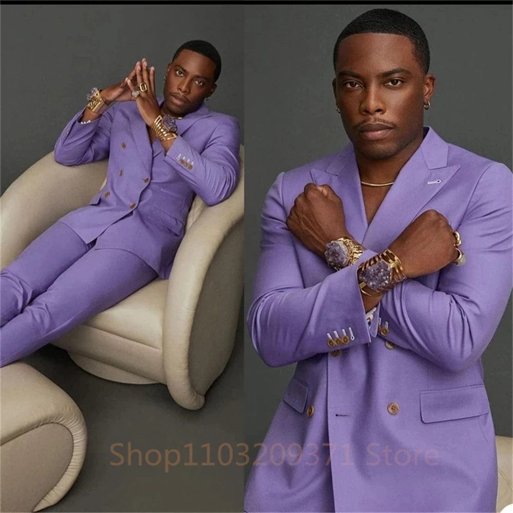 New in Men Suits for Wedding Double Breasted Purple 2 Pieces Jacket + Pants Slim Fit Men Blazer Sets Clothing Groomsmen Suits - SHOWLU FASHION STORE