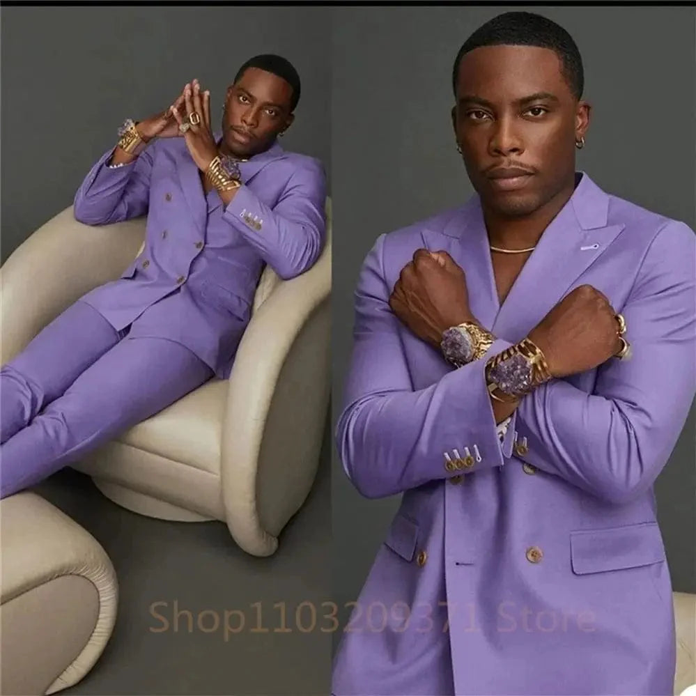 Showlu men's purple double-breasted slim fit wedding suit with jacket and pants, stylish and tailored for formal occasions