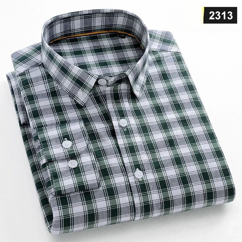 Men’s slim fit cotton casual plaid long sleeve shirt, stylish design with soft fabric and classic pattern for a modern look.