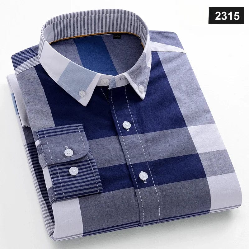 Men's slim fit casual cotton shirt with long sleeves, plaid pattern, and soft fabric, designed by SHOWLU FASHION STORE.