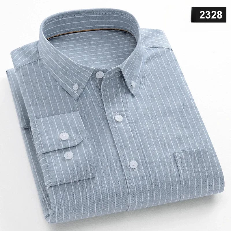 Slim fit men's plaid cotton casual shirt with long sleeves, featuring a stylish striped design and soft fabric from SHOWLU FASHION STORE.