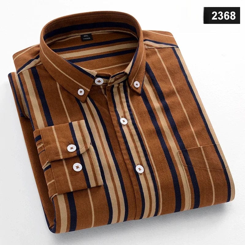 Men's slim fit cotton casual shirt with plaid long sleeves, featuring a stylish striped pattern and soft fabric for a modern look.