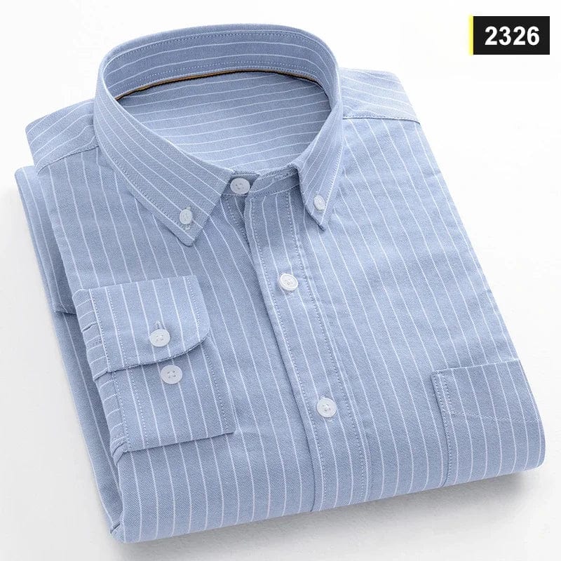 Men's slim fit cotton casual shirt with plaid pattern, long sleeves, and button-down collar in a stylish design.