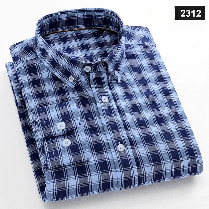 Men's slim fit cotton casual shirt with plaid pattern, long sleeves, soft fabric, designed by SHOWLU FASHION STORE.