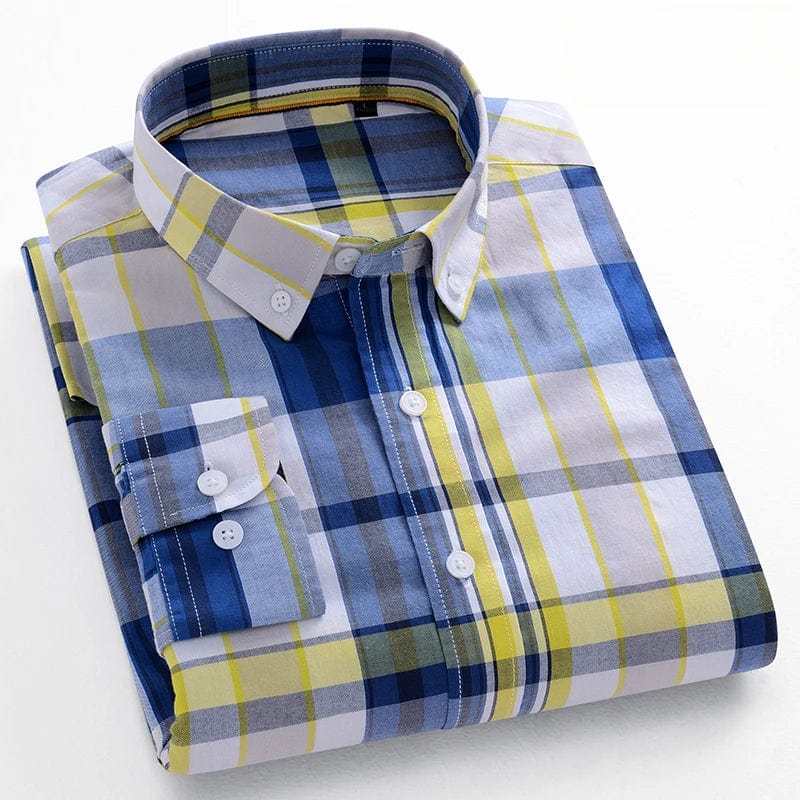 Showlu Fashion Men's slim fit cotton casual plaid long sleeve shirt with soft fabric and stylish design, perfect for everyday wear.