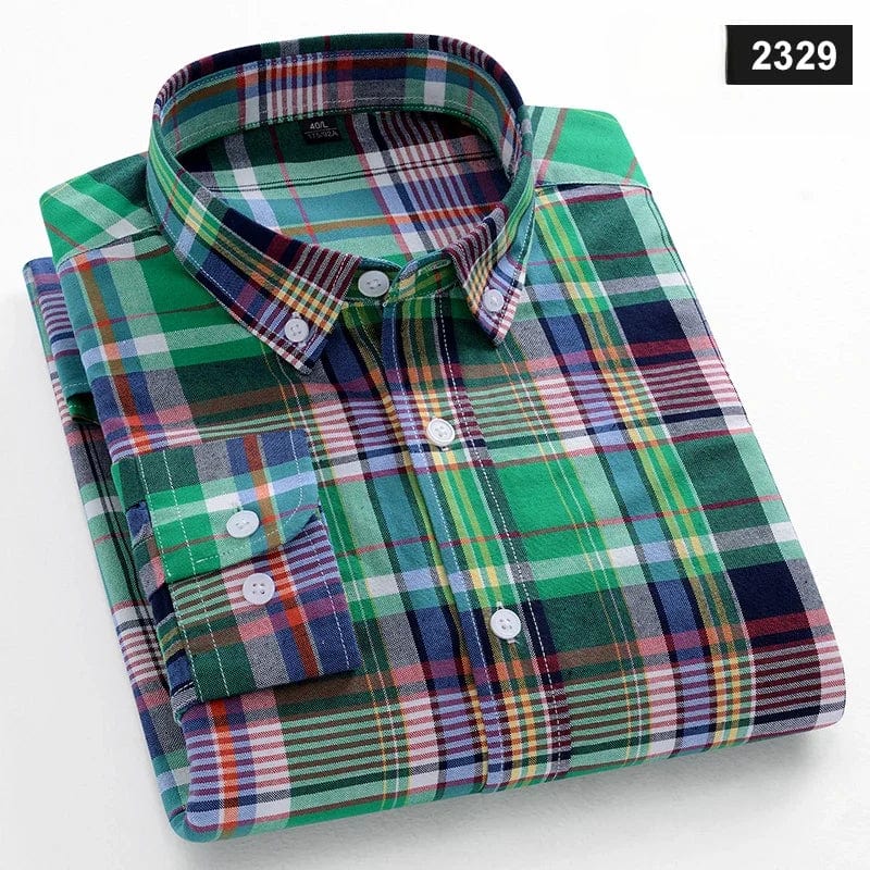 Men's slim fit cotton casual shirt with plaid pattern, long sleeves, and a modern design, ideal for stylish everyday wear.