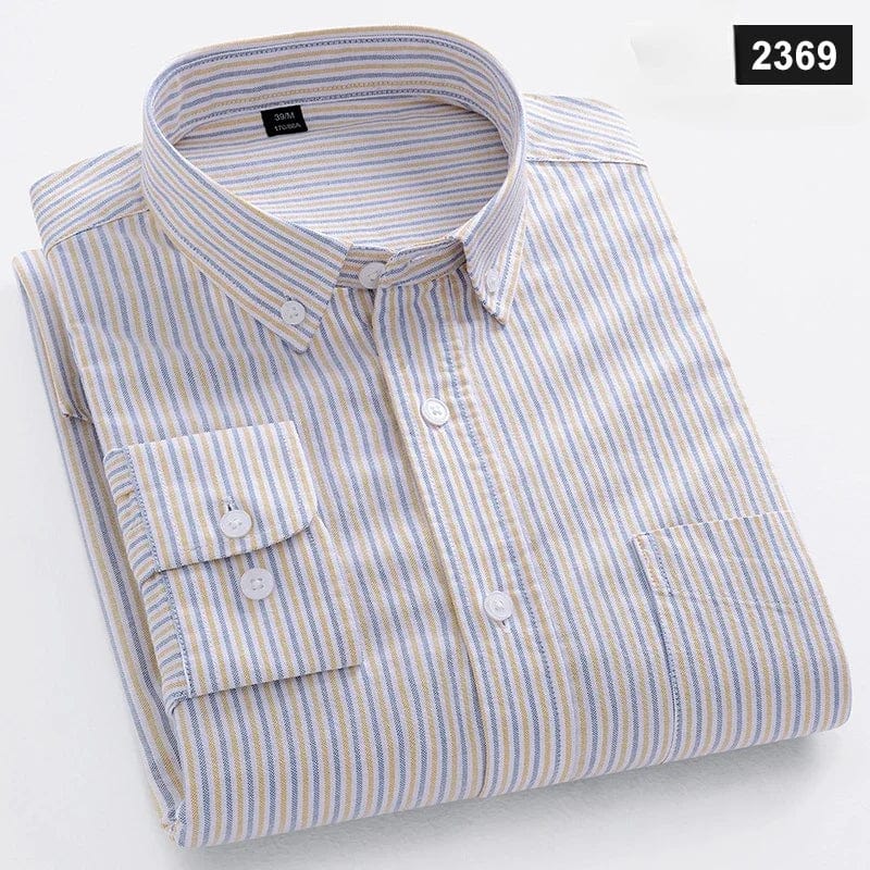 Slim fit cotton casual men's shirt by Qi Xiu Cai with plaid pattern, long sleeves, and a stylish, soft design.