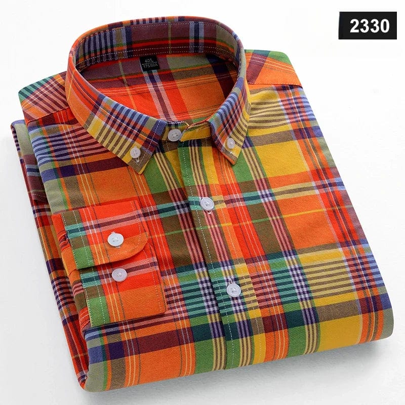 Slim fit men's cotton casual shirt with plaid pattern, long sleeves, and classic collar, designed by SHOWLU FASHION STORE.