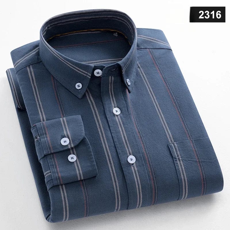 Men's slim fit cotton casual shirt by SHOWLU FASHION with plaid long sleeves and classic striped pattern.
