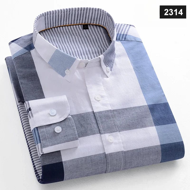 Slim fit men's cotton casual shirt by SHOWLU FASHION STORE, featuring a plaid pattern and long sleeves, perfect for stylish everyday wear.