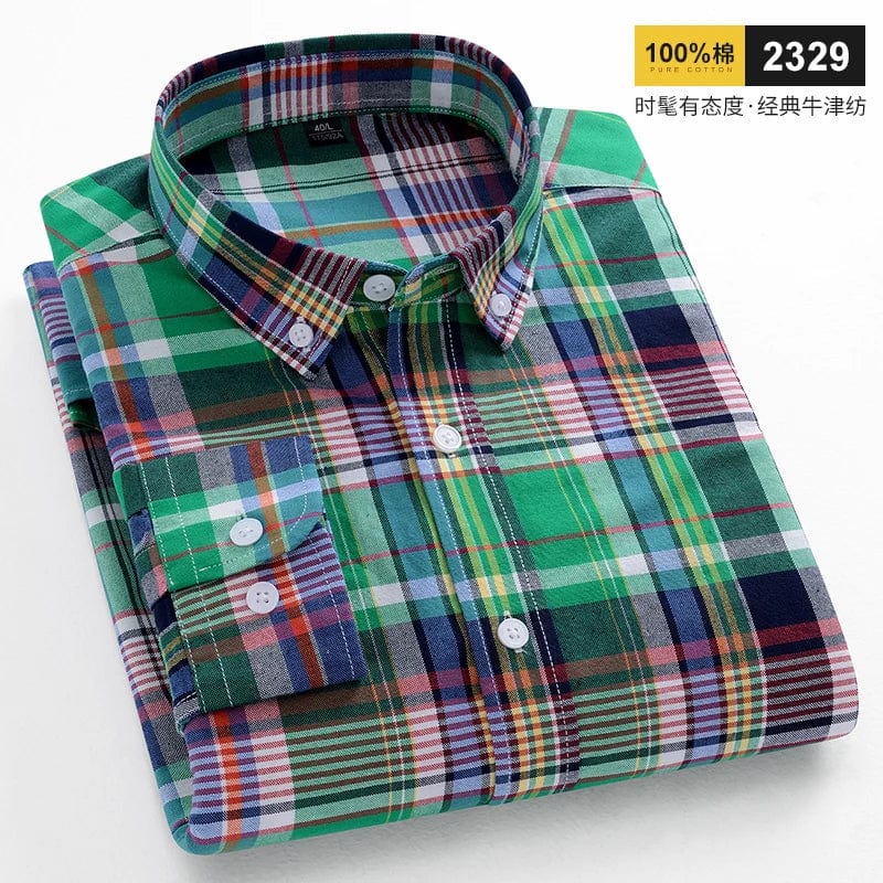 Men's slim fit cotton casual shirt by Qi Xiu Cai, long sleeve plaid design with soft, breathable fabric for stylish everyday wear.
