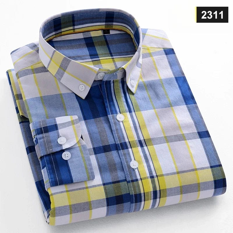 Men's slim fit cotton casual shirt by Qi Xiu Cai, long sleeve plaid design with soft, comfortable fabric.