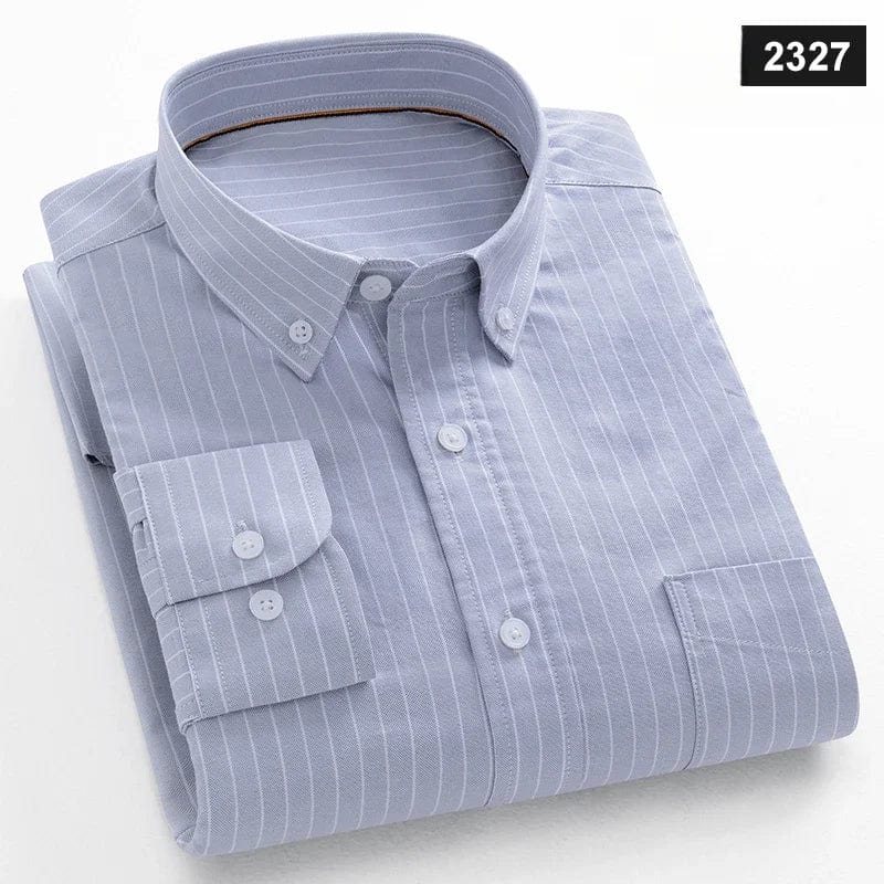 Showlu Fashion Men's slim fit cotton casual plaid long sleeve shirt with a soft, comfortable fabric and classic striped design.