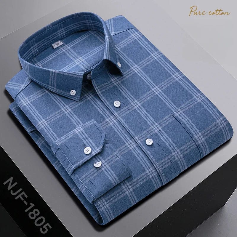Black men's slim fit casual shirt with plaid pattern, long sleeves, 100% cotton, from SHOWLU FASHION STORE.