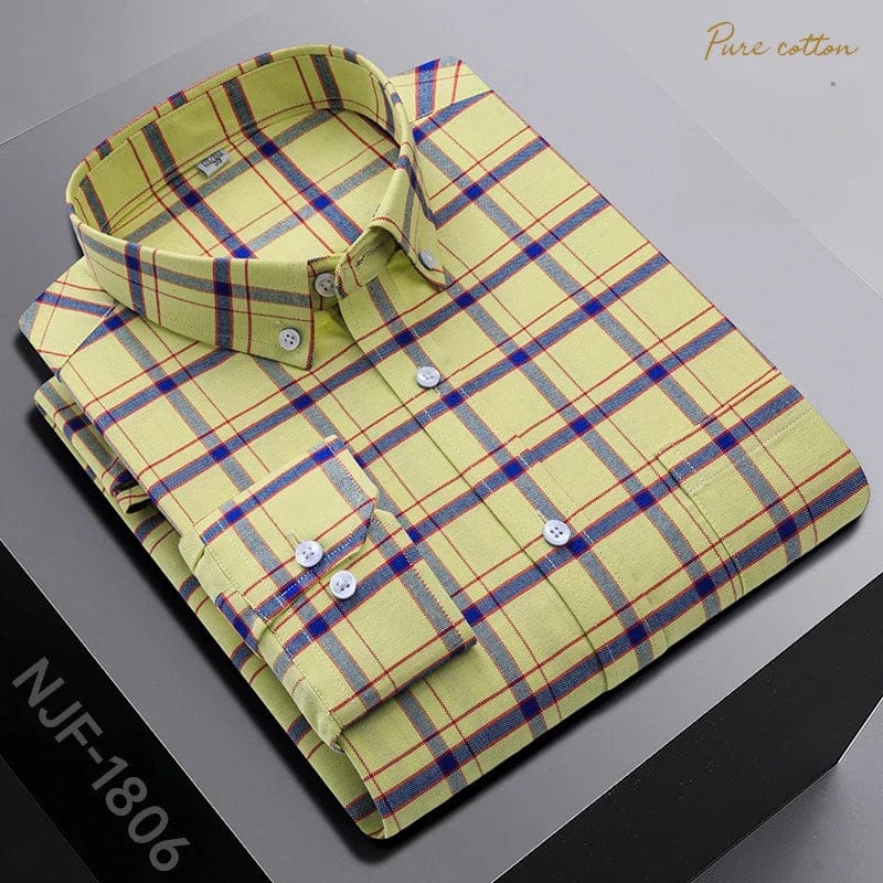 Black men's slim fit casual shirt by SHOWLU FASHION STORE, long sleeve, 100% cotton plaid design, versatile formal and casual wear