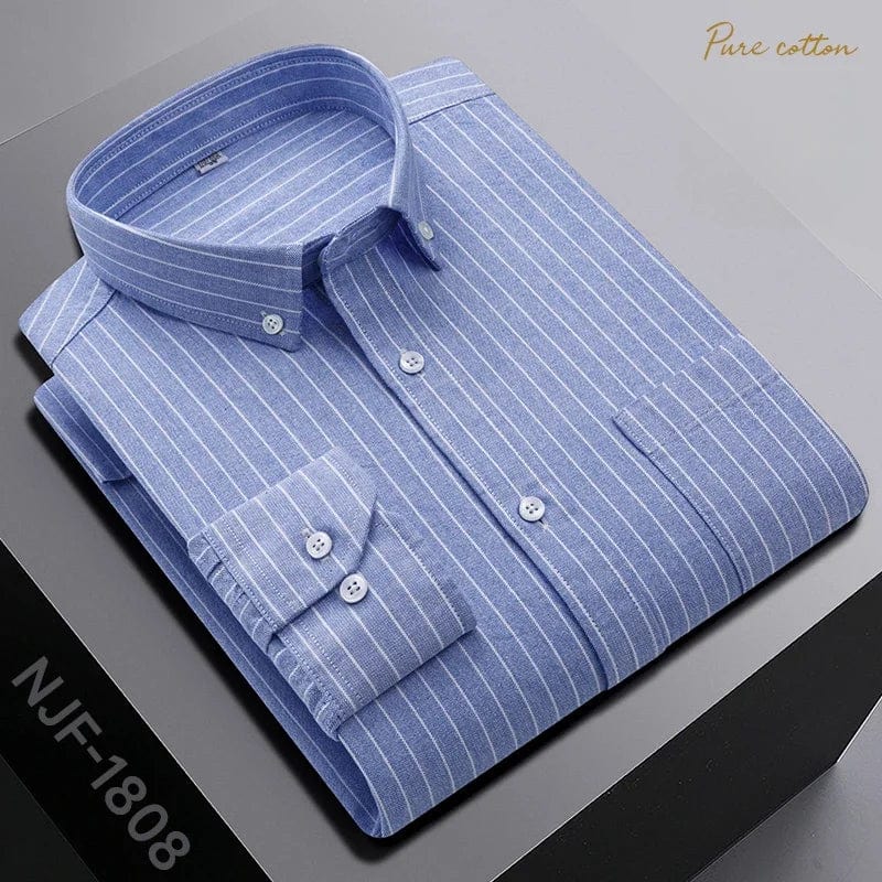 Black men's slim fit casual shirt by SHOWLU FASHION STORE, 100% cotton, long sleeve with plaid pattern, perfect for relaxed or formal wear.