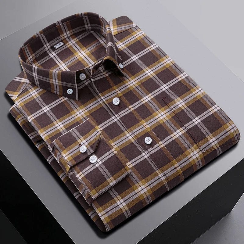 Black men's long sleeve plaid casual shirt by Qi Xiu Cai, slim fit, 100% cotton, featuring a classic design and button-up front.
