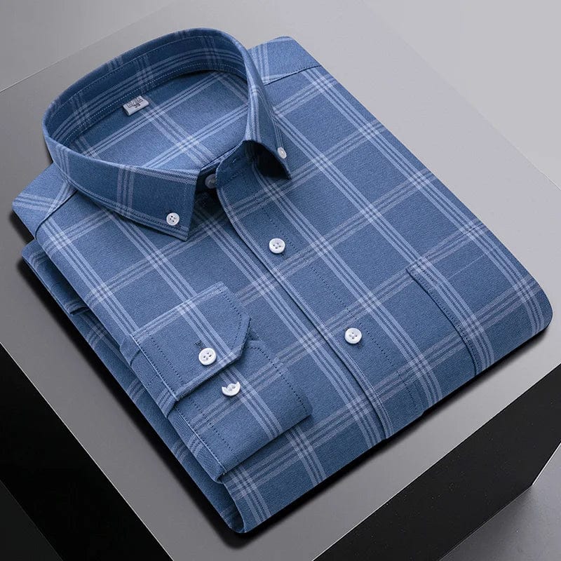 Black men's slim fit plaid casual shirt made of 100% cotton with long sleeves, featuring a classic design and button-up front.