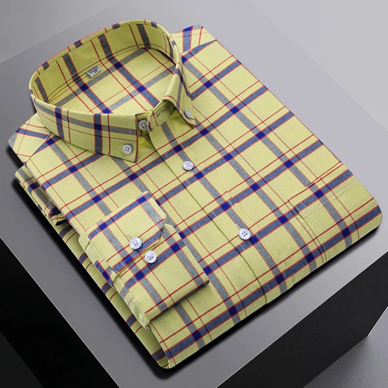 Black men's slim fit plaid casual shirt made of 100% cotton with long sleeves, featuring a classic design and casual style.