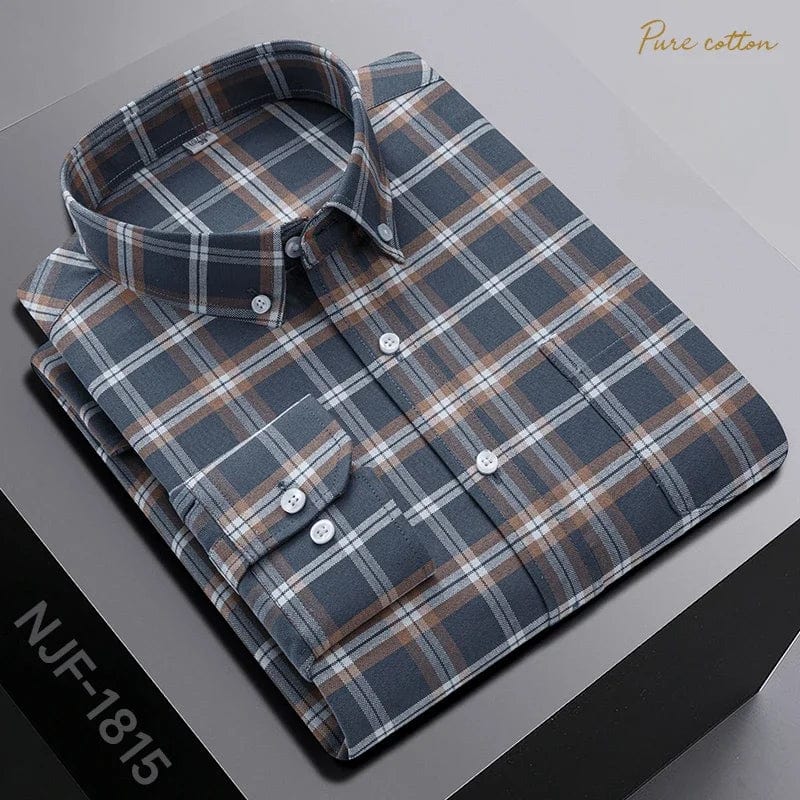 Black men's slim fit long sleeve plaid casual shirt made of 100% cotton, featuring a modern oversized design and classic button details.