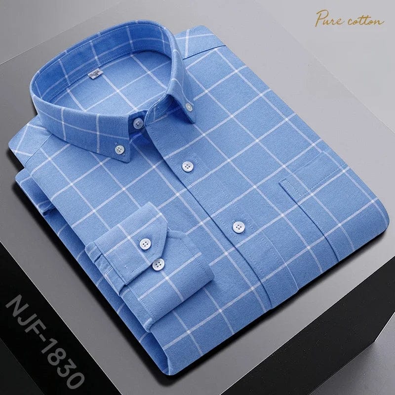 Black men's slim fit plaid casual shirt made of 100% cotton with long sleeves and a classic button-up design.