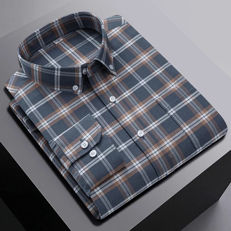 Showlu Fashion men's black plaid casual shirt with long sleeves, slim fit, 100% cotton, featuring a classic button-up design.