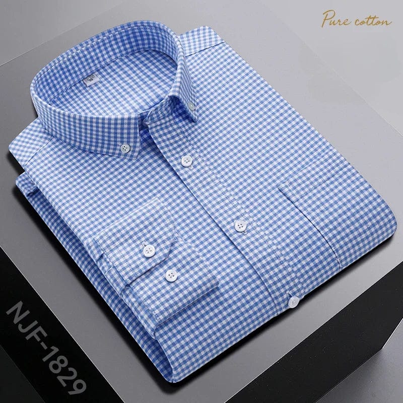 Black men's slim fit plaid casual shirt made of 100% cotton with long sleeves, stylish and comfortable for everyday wear.