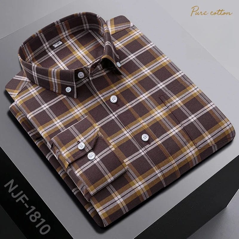 Black men's slim fit casual shirt by SHOWLU FASHION STORE, long sleeve, 100% cotton plaid design, perfect for everyday wear