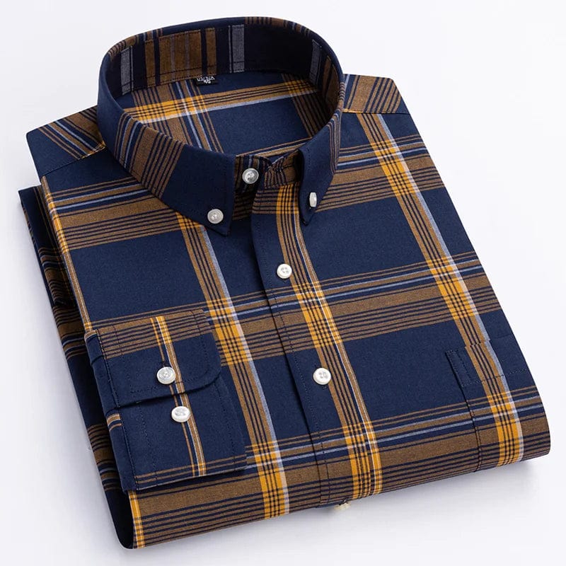 Men's Qi Xiu Cai plaid casual shirt by SHOWLU FASHION, 100% cotton, slim fit, long sleeve with soft vintage plaid pattern.