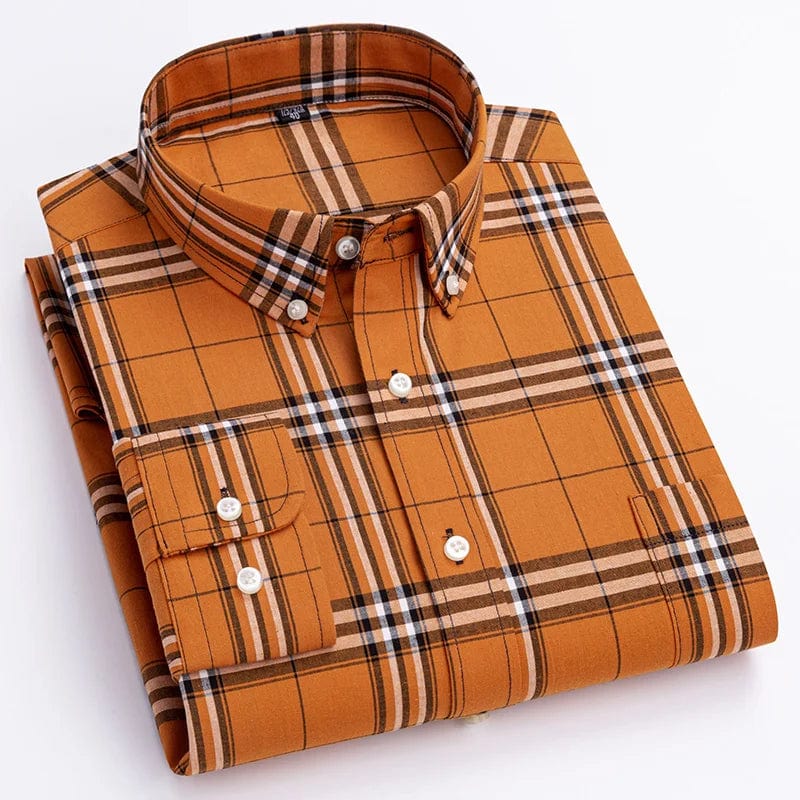 Men's plaid casual shirt by Qi Xiu Cai, showing long sleeve, slim fit, 100% cotton fabric with vintage streetwear style.
