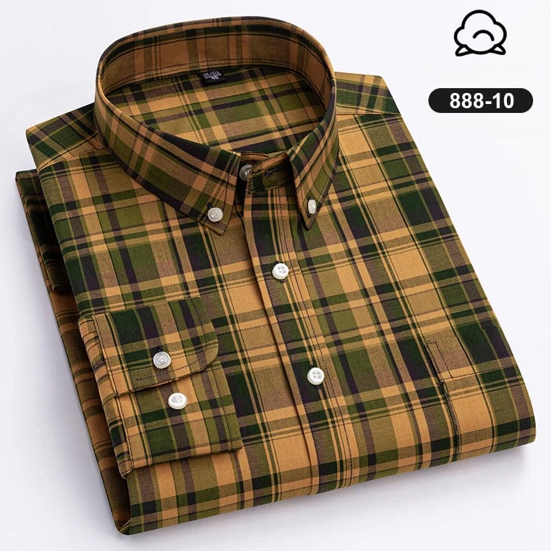 Men's plaid casual shirt by Qi Xiu Cai, SHOWLU FASHION, featuring a 100% cotton slim fit long sleeve design with soft vintage style.