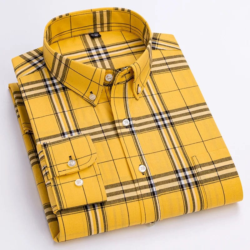 Men's plaid casual shirt by Qi Xiu Cai, slim fit, long sleeve, 100% cotton with vintage streetwear style and soft, elegant fabric.