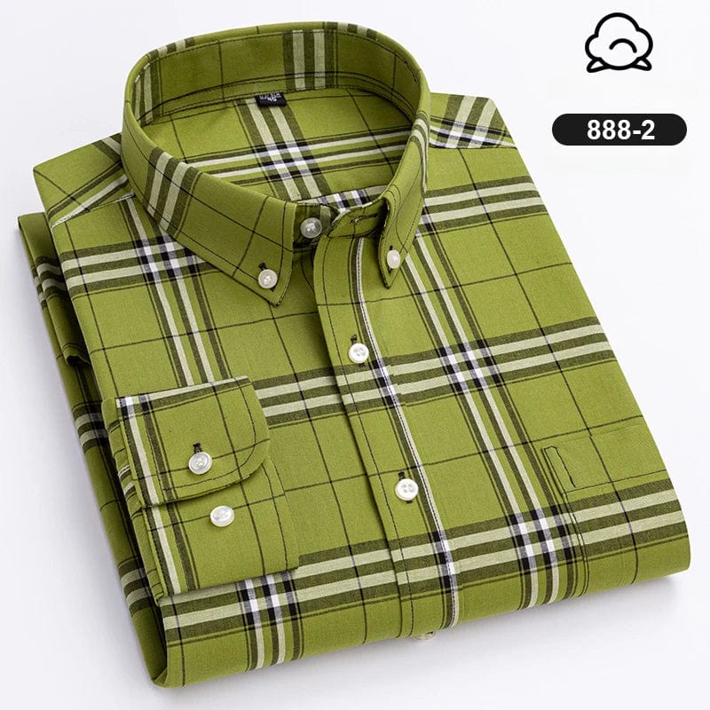 Men's plaid casual shirt by Qi Xiu Cai, slim fit, long sleeve, 100% cotton, vintage streetwear style with soft fabric.