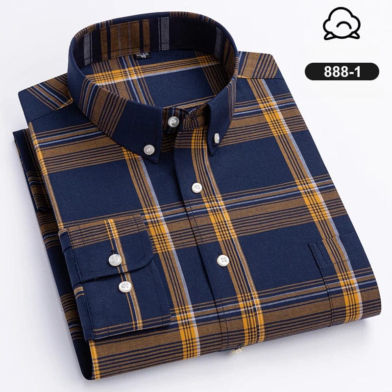 Men's plaid casual shirt by Qi Xiu Cai, slim fit, 100% cotton long sleeve shirt with vintage streetwear style.