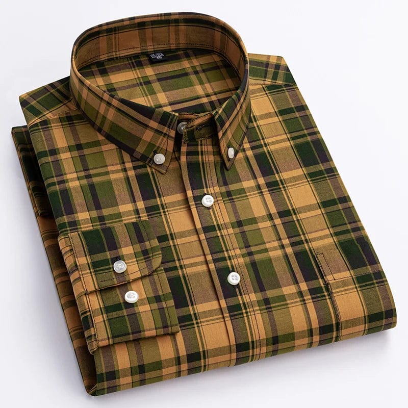 Men's plaid casual shirt by Qi Xiu Cai, slim fit, long sleeve, 100% cotton, vintage streetwear style, soft and elegant fabric