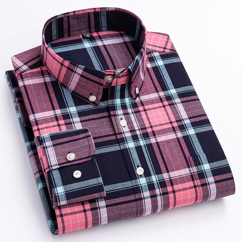 Men’s Qi Xiu Cai plaid casual shirt by SHOWLU FASHION, slim fit, long sleeve, 100% cotton, vintage streetwear style.