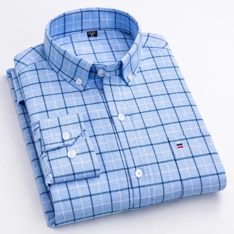 SHOWLU FASHION STORE men's 100% cotton plaid long-sleeve slim fit casual shirt with single pocket, available in plus size 7XL