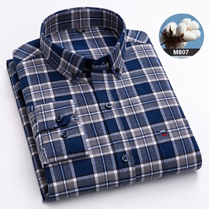 Men's slim fit casual shirt by SHOWLU FASHION STORE, 100% cotton plaid long-sleeve shirt with single pocket and classic stripe design.