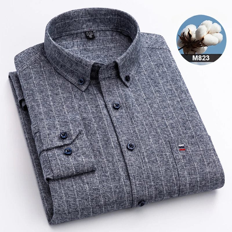 SHOWLU FASHION STORE men's 100% cotton plaid long-sleeve slim fit casual shirt with a single chest pocket, in a stylish striped design.