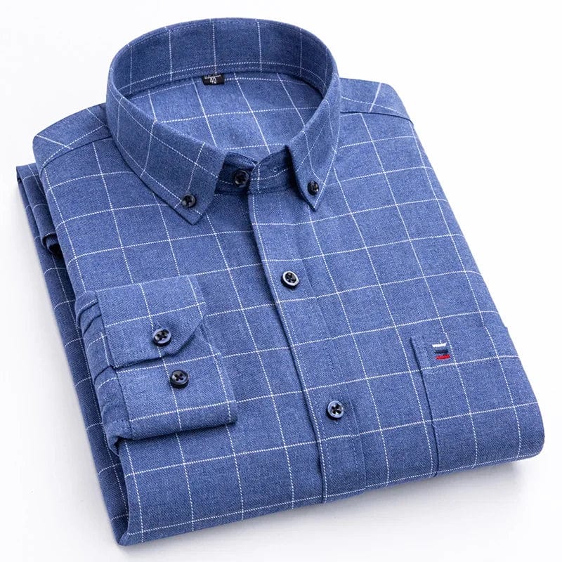 SHOWLU FASHION STORE men's 100% cotton plaid long-sleeve slim fit casual shirt with single pocket and striped design.