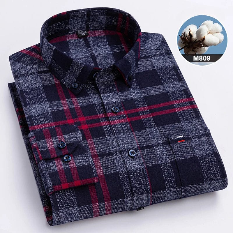 SHOWLU FASHION STORE men's 100% cotton plaid long-sleeve slim fit casual shirt with single pocket, available in plus size 7XL.