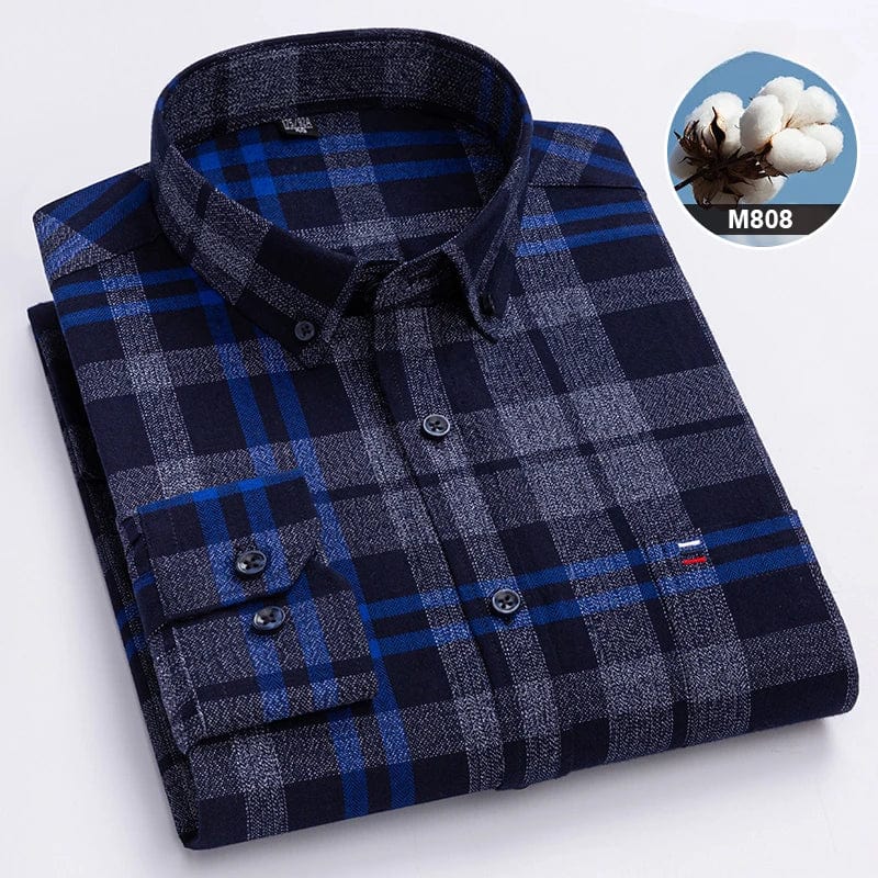 Men's 100% cotton plaid long-sleeve slim fit casual shirt with single pocket, featuring a classic striped pattern from SHOWLU FASHION STORE.
