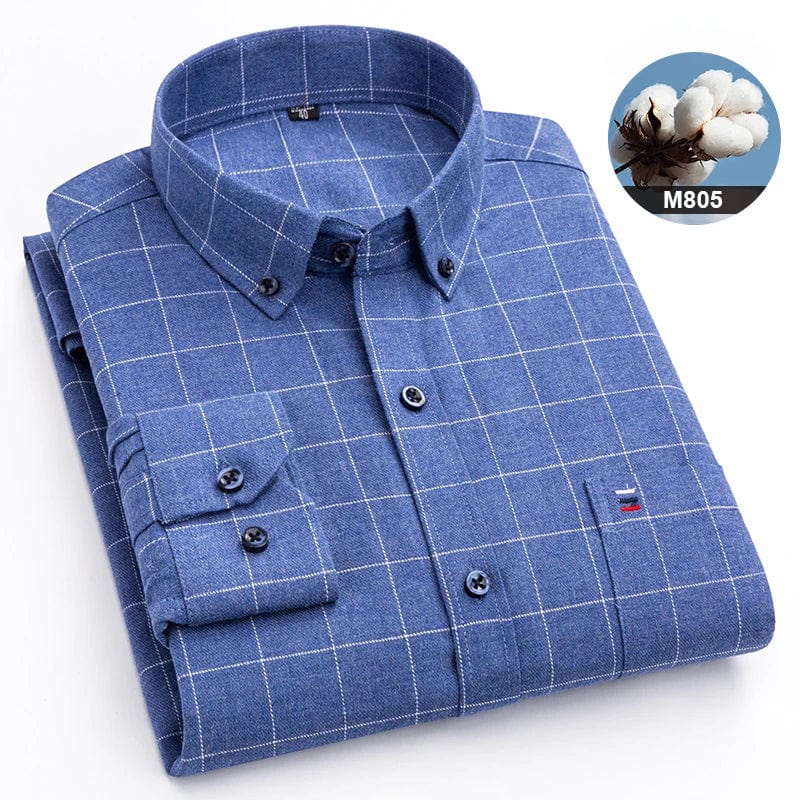 SHOWLU FASHION STORE men's 100% cotton plaid long-sleeve slim fit casual shirt with single pocket, casual style, and classic design.