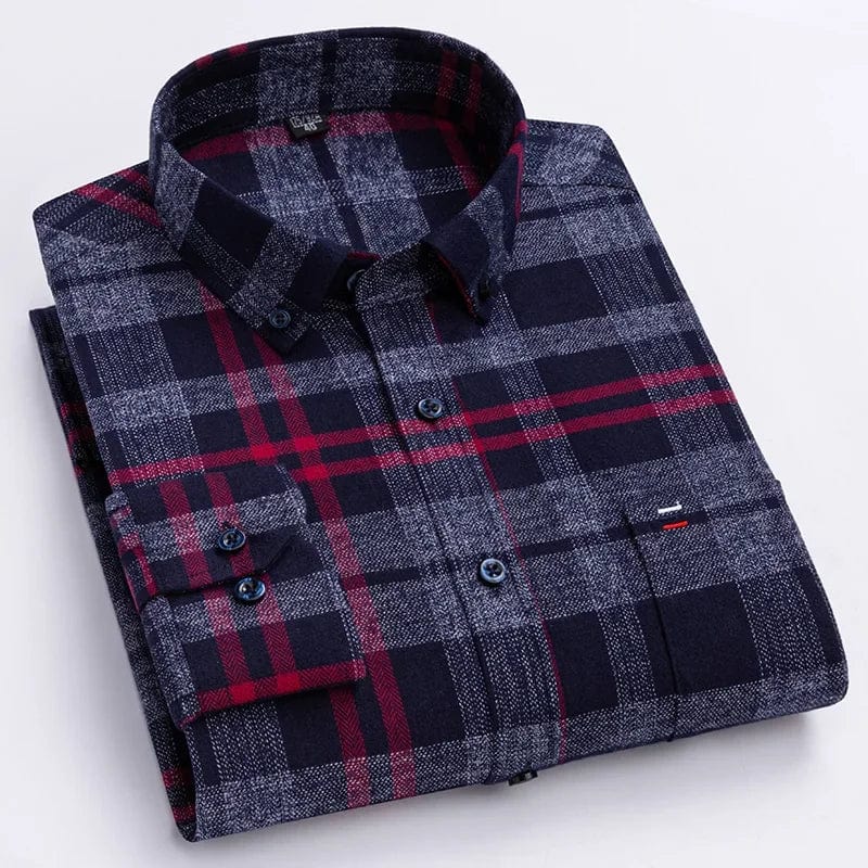 Men's casual plaid long-sleeve shirt by Qi Xiu Cai, slim fit, 100% cotton, featuring a single pocket and striped design.